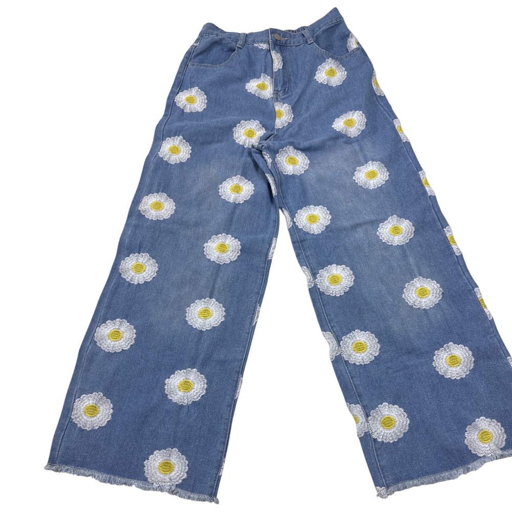 Shop Sassy Frass Daisy Embroidered Wide Leg Jeans Blue Denim Boho Floral Small - Picture 2 of 6